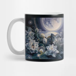 Stillpoint. Something Is Happening. From The Presence series. White lotus and Full moon. Mug